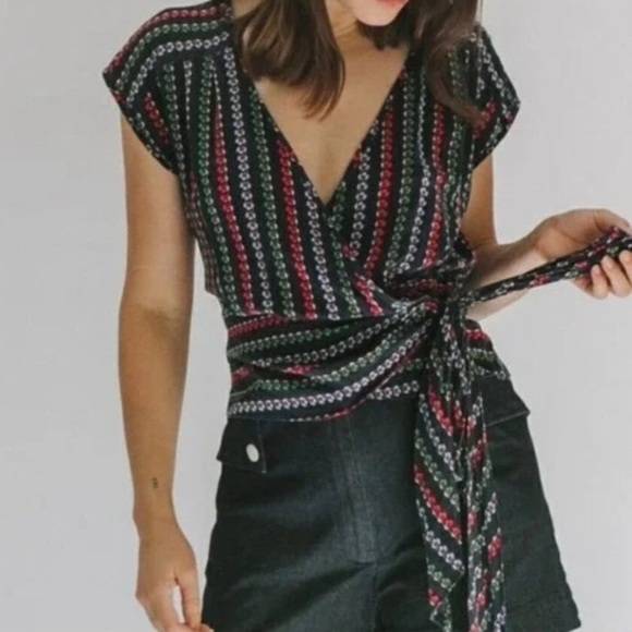 Nanette Lepore | Blue Wrap Blouse Top Size 10 100% Silk Colorful Abstract Floral - Picture 1 of 12